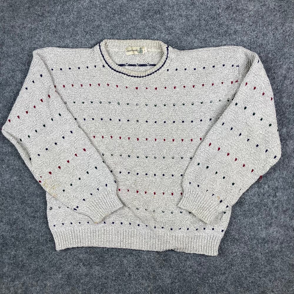 FieldMaster Sweater Mens Size L Beige Knit Pullover USA Cotton Retro Pattern
